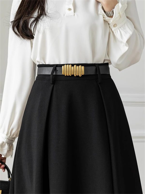Women's A-Line Skirt with Belt High Waist Loose Office OL Big Swing Midi Skirts