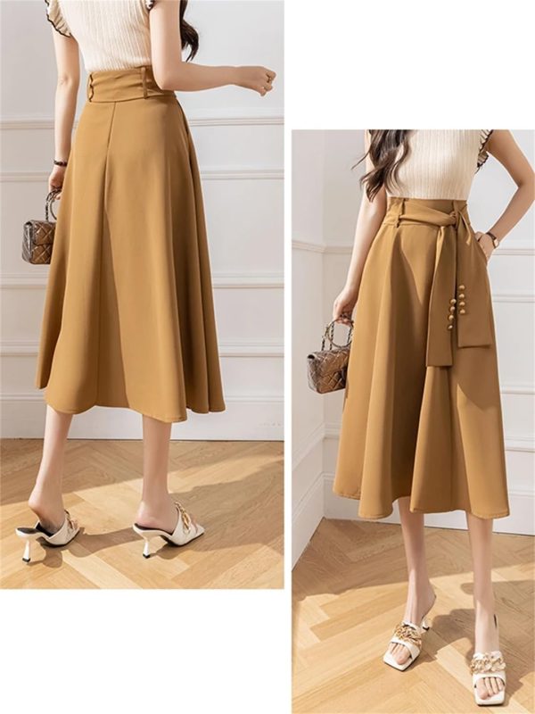 Women Vintage Elegant Big Swing Maxi Skirt High Waist Bandage Belt Cute Umbrella A-Line Long Skirts