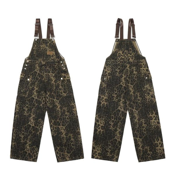 Women's Y2K Leopard Print Jeans Overall Chic Streetwear Baggy Wide Leg Jumpsuit Retro Hip Hop Loose trouser