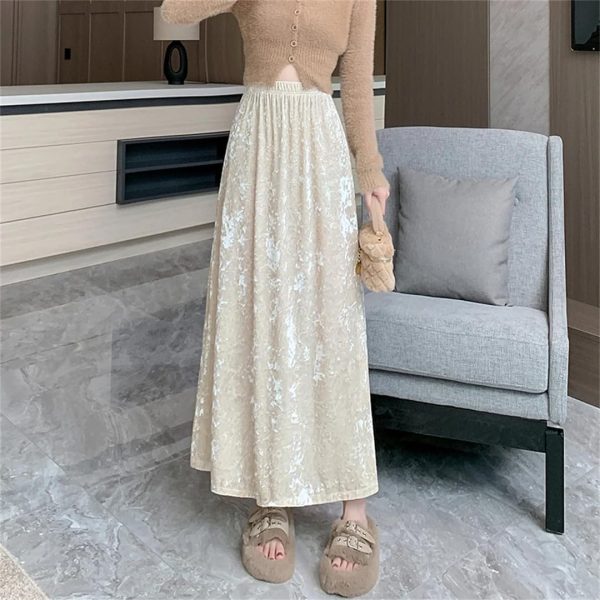 Womens Fleece A-Line Long Skirts Elegant Solid Color High Waist Mid Length Skirts