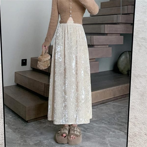 Womens Fleece A-Line Long Skirts Elegant Solid Color High Waist Mid Length Skirts