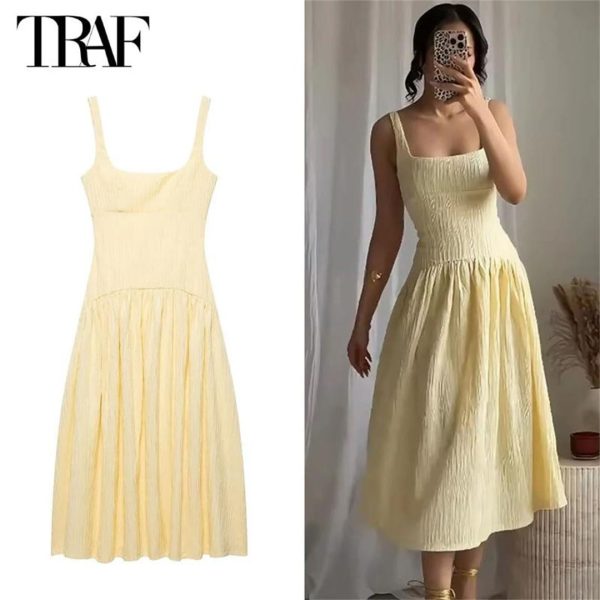 Women Pleated Slip Midi Party Long for Straps Beach Female Dresses