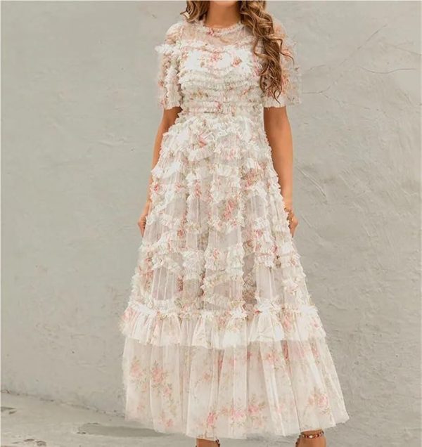 Women's Floral Printed Mesh Dress Round Neck High Waist Layer Tiered Maxi Beach Party Dresses