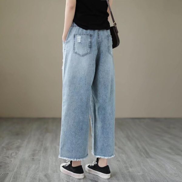 Fashion Spring Summer Ladies Ripped Loose Jeans Women Casual Embroidery Elastic Wide-Leg Denim Trousers