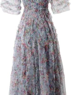 Women's Boho Floral A-Line Dress V-Neck Short Sleeve Net Yarn Cascading Ruffle Summer Beach Dresses