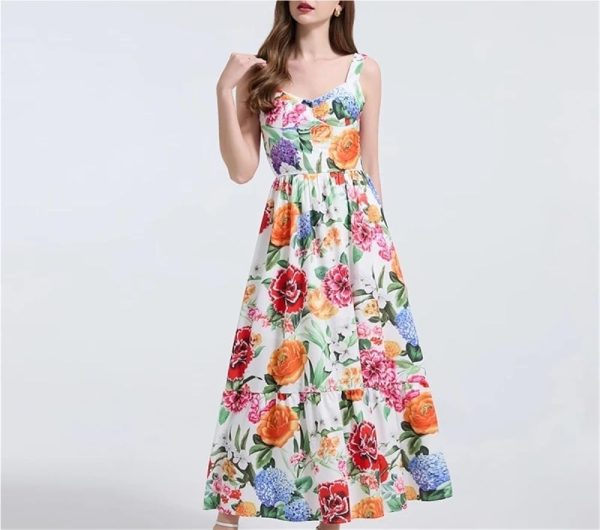 Floral Print Beach Spaghetti Strap Corset Summer Maxi DressWomen Backless Sundress Slim Fit Elegant Casual Skirt Dress