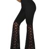 Women's Floral Lace Bell Bottom Pants Sheer Mesh Flare Leg Elastic High Waist Trendy Sexy Long Trousers
