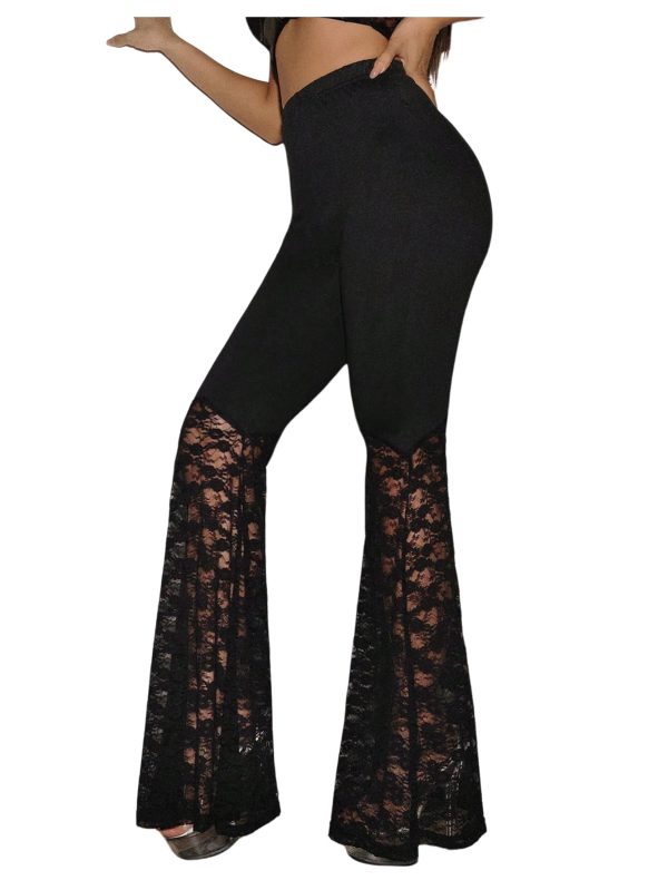 Women's Floral Lace Bell Bottom Pants Sheer Mesh Flare Leg Elastic High Waist Trendy Sexy Long Trousers