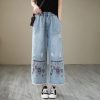 Fashion Spring Summer Ladies Ripped Loose Jeans Women Casual Embroidery Elastic Wide-Leg Denim Trousers