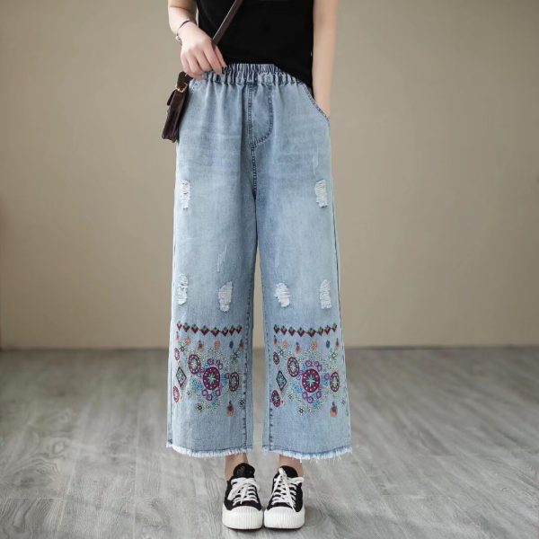 Fashion Spring Summer Ladies Ripped Loose Jeans Women Casual Embroidery Elastic Wide-Leg Denim Trousers