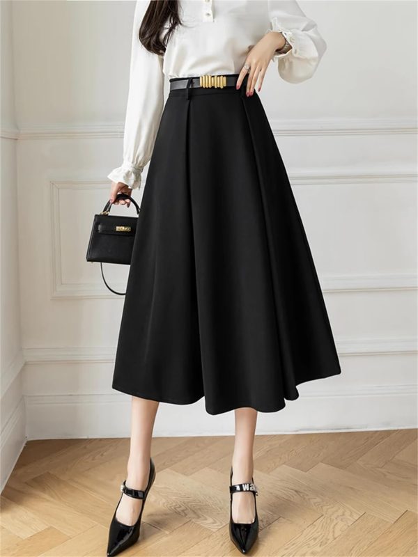 Women's A-Line Skirt with Belt High Waist Loose Office OL Big Swing Midi Skirts