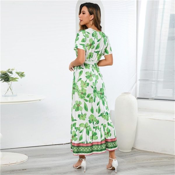 Bohemian Print Long Dress Women Summer Sexy Deep V Neck Beach Dress Casual Vacation Maxi Dress(Green,Small)