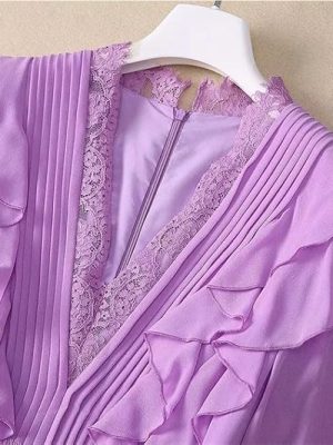 Women's Elegant Luxury Lace Maxi Dress V-Neck Ruffles Patchwork Chiffon Summer Party Evening Dresses