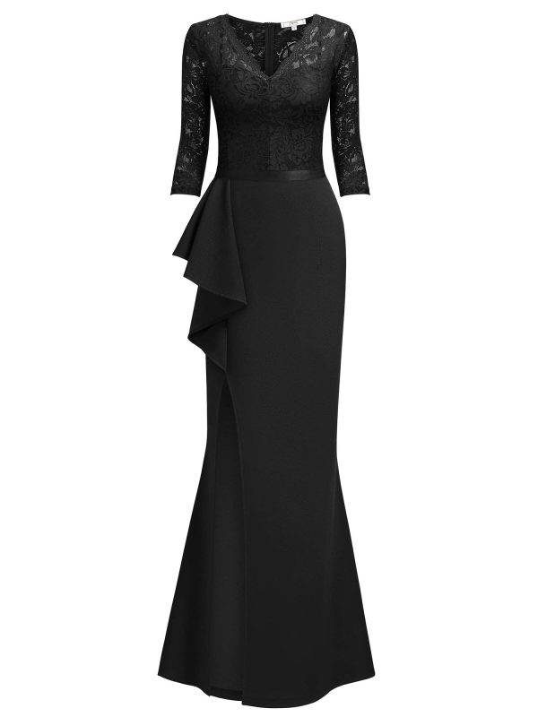 Women's Vintage Floral Lace Ruffle Half Sleeve Evening Party Formal Long Dress