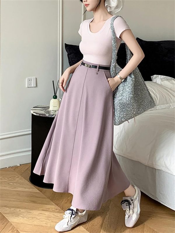Women's Summer Long Skirt with Belt High Waist Elegant Office OL Big Swing Midi A-Line Skirts