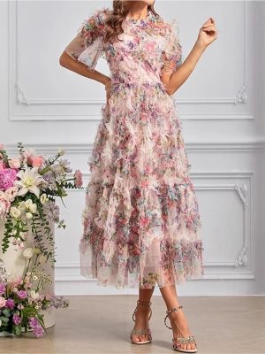 Women's Bohemian Floral Print Net Yarn Cascading Ruffle Dress Summer Beach Party Prom Dresses