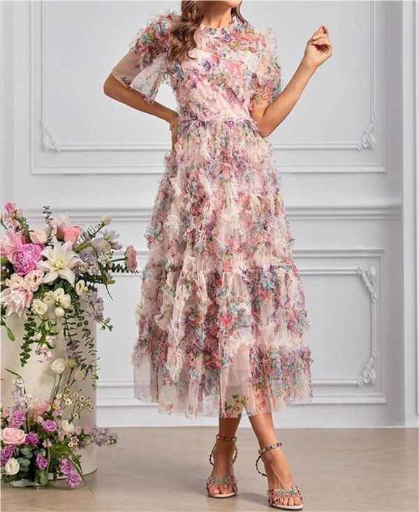 Women's Boho Floral Print Dress Net Yarn Cascading Ruffle Beach Party Summer Vacation Maxi Dresses