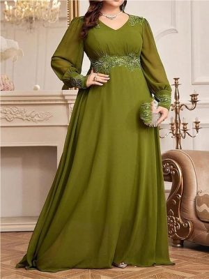 Women's Plus Size Embroidery Patchwork High Waist Maxi Dress V-Neck Lantern Sleeve Loose Fit Party Dresses