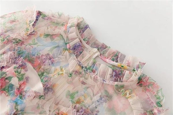 Women's Floral Print Holiday Party Dresses Petal Sleeve Crinkle Irregular Lace Sexy Maxi Dress