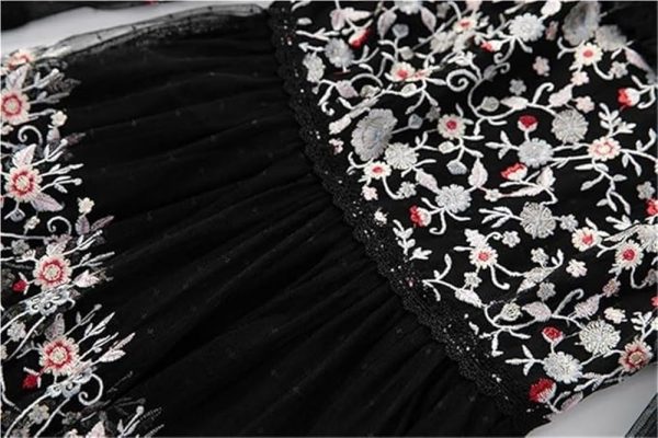 Women's Bohemian Floral Embroidery Maxi Dress Sequins Net Yarn Cascading Ruffle Wedding Guest Dresses