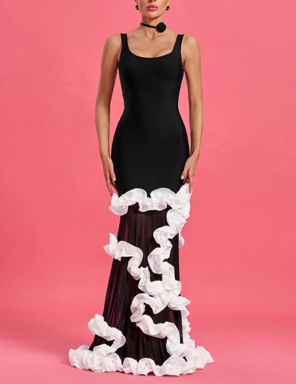 Women 3D Flower Ruffles Patchwork Sling Sexy Backless Slim Long Maxi Dress