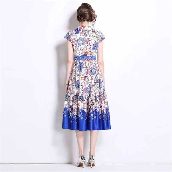 Women's Summer Autumn Elegant Flower Shirt Short Sleeve Belt Office Long Floral Print Midi Dress