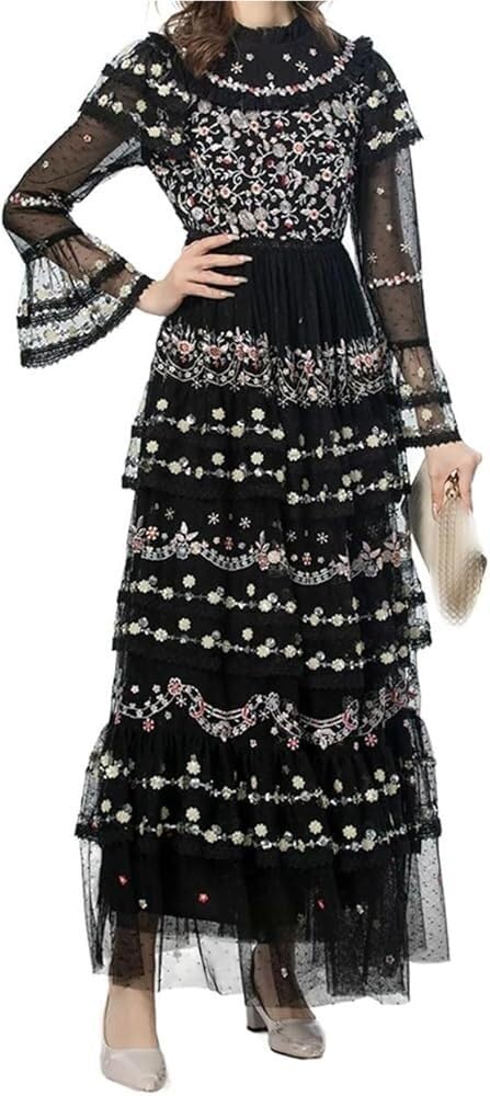 Women's Casual Vacation Dress Embroidery Sequins Net Yarn Cascading Ruffle Maxi Beach Party Dresses