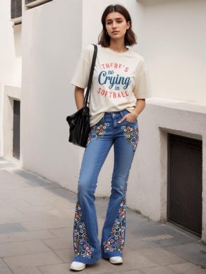 Womens Floral Embroidered Bell Bottom Jeans Stretchy Denim Flared Pants Mid Rise Vintage Bootcut Casual Trousers