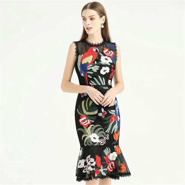 Women Spring Summer Flowers Butterfly Parrot Embroidery Mermaid Dress