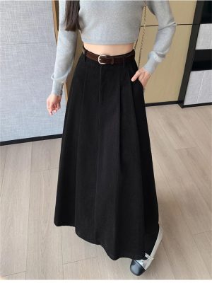 Womens Vintage High Waist Corduroy Long Skirts Solid Color Pleated Office A-Line Skirts