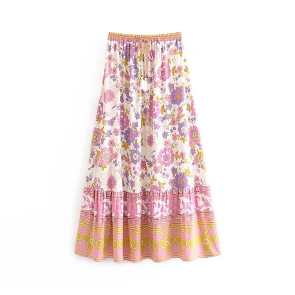 Women's Floral Resort Set - Slash Neck Ruffle Blouse & High Waist Maxi Skirt in Soft Pink