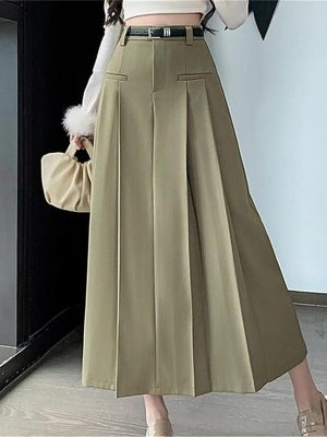 Women's Vintage Pleated Suit Long Skirts High Waist Mid Length Workwear Office Skirts