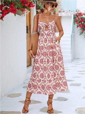 Bohemian Floral Sundress Women Sleeveless Strap Dress with Bowknot Folds Cut Out Summer Beach Casual Maxi Dress
