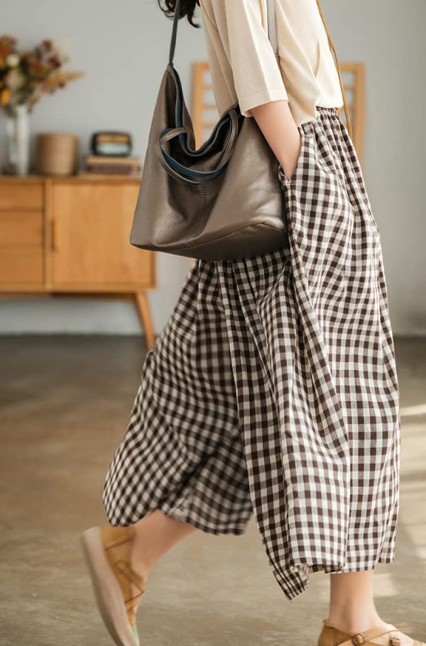 Women's Cotton Linen Pants Elastic Waist Plaid Gingham Wide Leg Capri Palazzo Pants