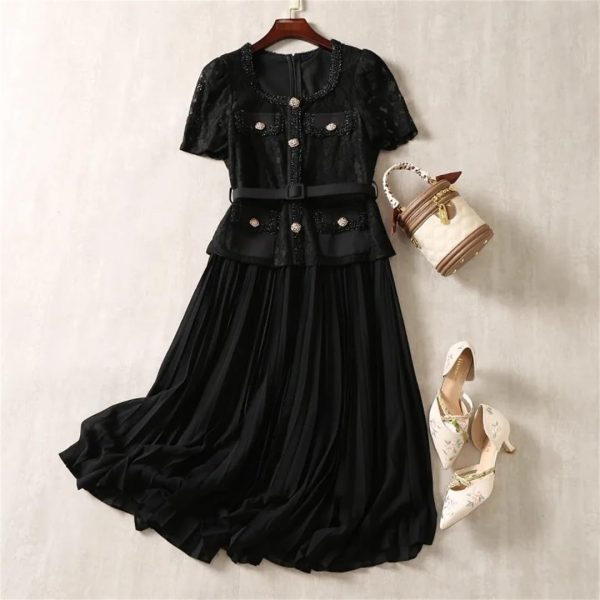 Women Summer Flower Embroidery Lace Chiffon Short Sleeve Single Breasted Midi Long Prom Dress