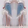 Heavy Industry Pearl Beading Lace Splicing Irregular Hem Jean Skirt Women Summer Korea Denim Skirt