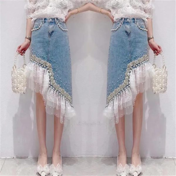 Heavy Industry Pearl Beading Lace Splicing Irregular Hem Jean Skirt Women Summer Korea Denim Skirt