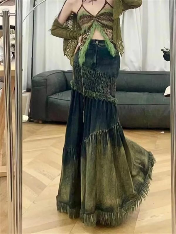 Women High Waist Spliced Button Streetwear Long Skirts Patchwork Tassel Elegant Denim Skirts
