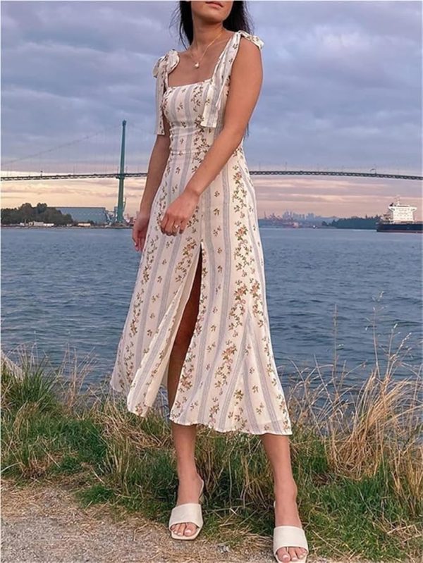 Boho Midi Dress Women Summer Floral Vintage Sleeveless Sundress Lace Up Strapy Slip Dress Beach Party Casual Vestidos
