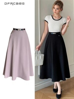 Women's Summer Long Skirt with Belt High Waist Elegant Office OL Big Swing Midi A-Line Skirts