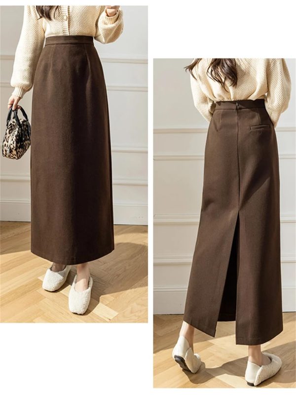 Women Vintage Solid Bodycon Split Wrap Wool Skirt Straight Retro High Waist Long Winter Skirts