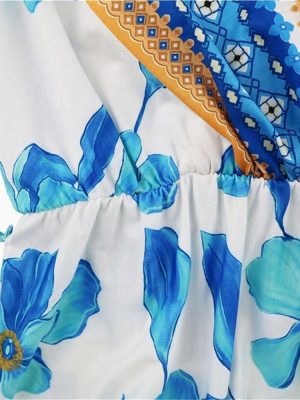 Bohemian Print Long Dress Women Summer Sexy Deep V Neck Beach Dress Casual Vacation Maxi Dress(Blue,XX-Large)