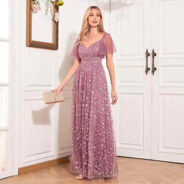 Long Tulle Evening Gowns A Line Floral Appliques Formal Dresses for Women FBAMO04