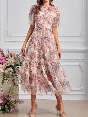 Women's Boho Floral Print Dress Net Yarn Cascading Ruffle Beach Party Summer Vacation Maxi Dresses