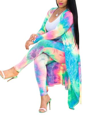 Womens Fashion Printed Long Cardigans 2 Piece Outfits,Long Sleeve Coat and Trousers Set