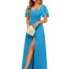 Women's Sweetheart Flutter Sleeves Bridesmaid Dresses with Slit A-line Short Sleeves Chiffon Formal Evening Dress
