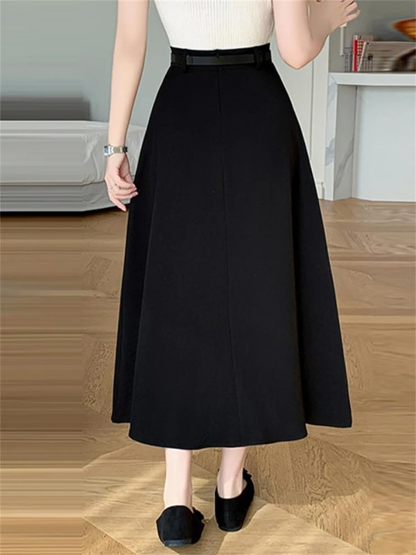 Women's Summer Long Skirt with Belt High Waist Elegant Office OL Big Swing Midi A-Line Skirts