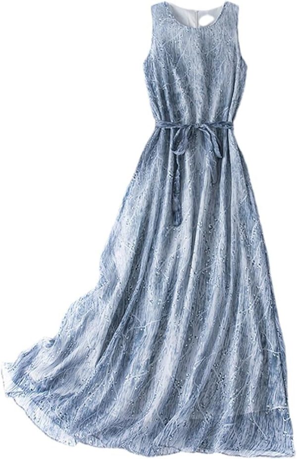 Boho Silk Dress Women Natural Sleeveless O Neck Lace Up Beach Dress Floral Printing Summer Maxi Dress(XX-Large)