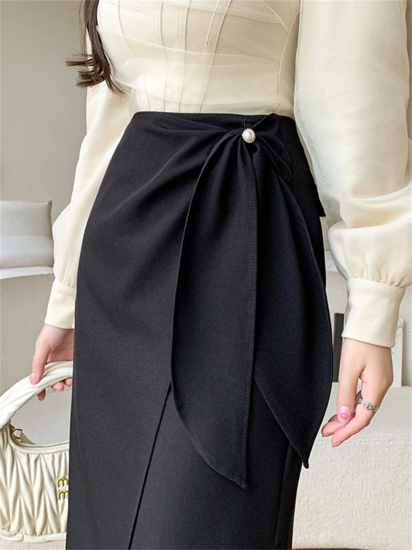 Women's Summer Irregular Skirt with Lace Bow High Waist Elegant Office OL Work Fashion Midi Skirts