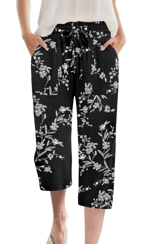 Womens Capri Pants Summer Wide Leg High Waisted Pants Drawstring Casual Trousers with Pockets